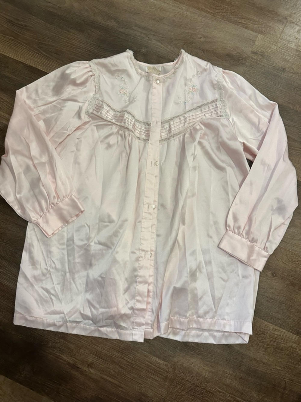 Vintage Barbizon Embroidered Pink Satin Button-Front Nightshirt